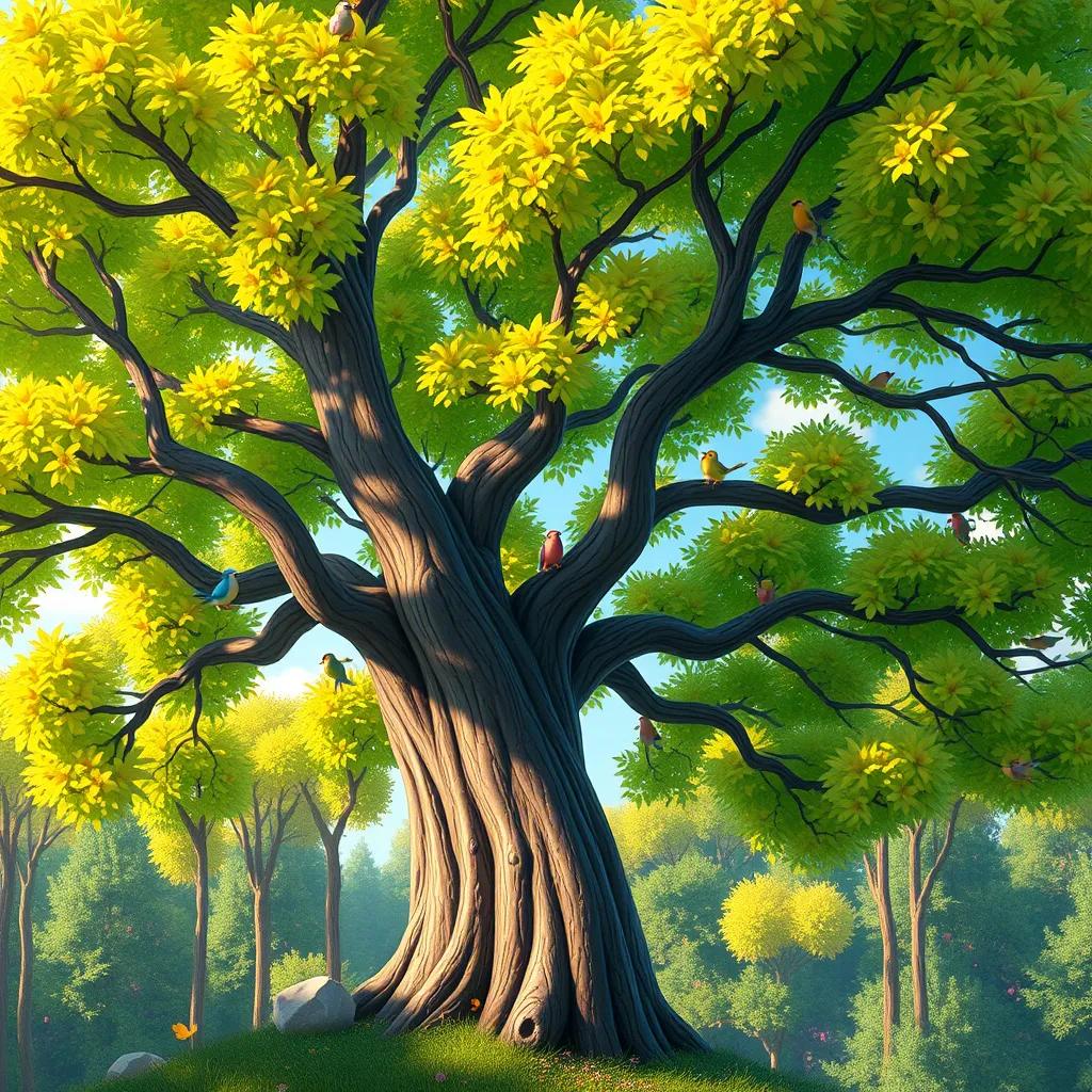 A large, green tree with vibrant leaves in a happy forest, birds singing on its branches in various colors, sunny day, cheerful atmosphere, digital art, detailed
