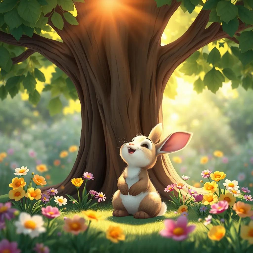 A small rabbit sitting under the big tree, looking up with joy, surrounded by colorful flowers, bright sunlight filtering through the leaves, friendly and warm atmosphere, illustration