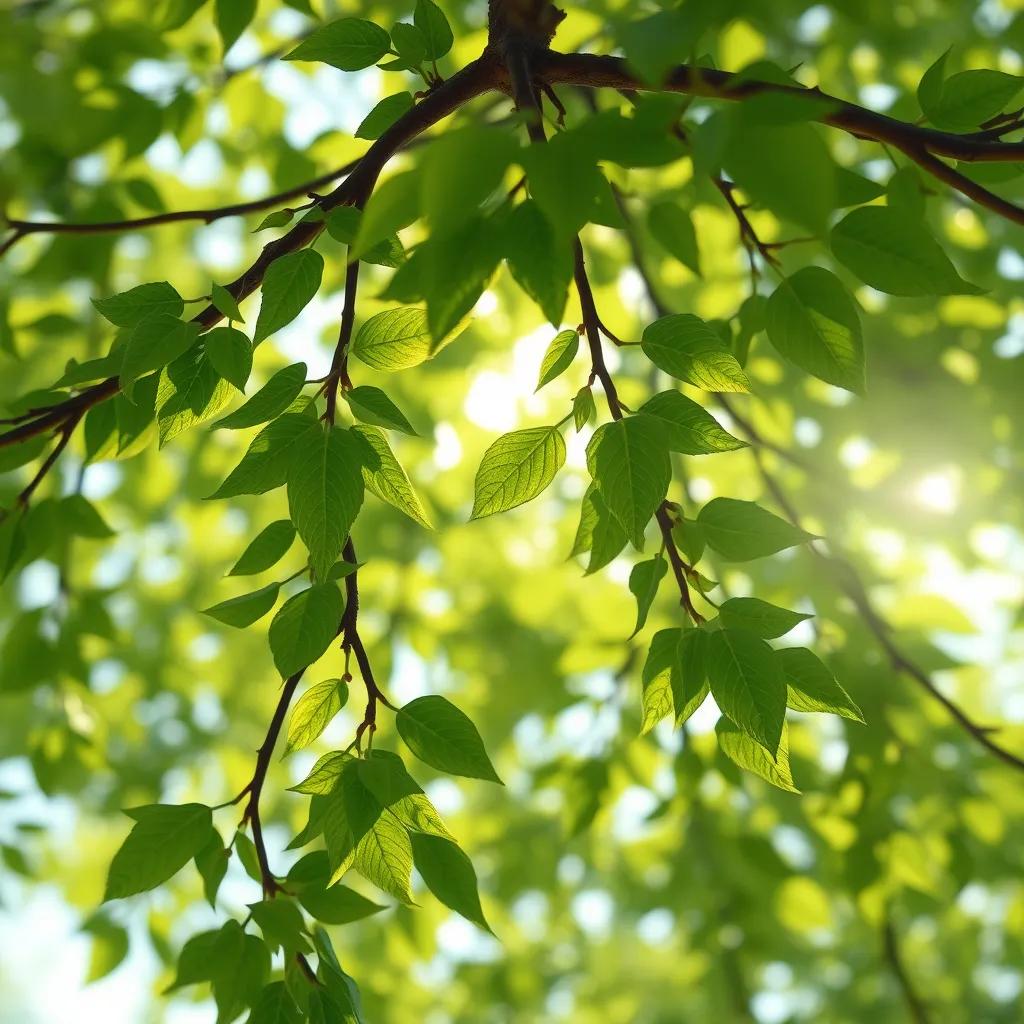 A close-up of the tree's branches with green leaves swaying in the gentle wind, sunlight creating sparkle on the leaves, peaceful setting, digital painting, inviting vibe