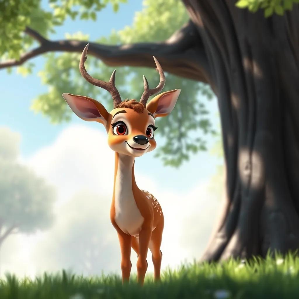 A graceful deer approaching the tree, its eyes filled with kindness, standing in the dappled light with a clear blue sky above, serene and calm, dreamy, high-quality