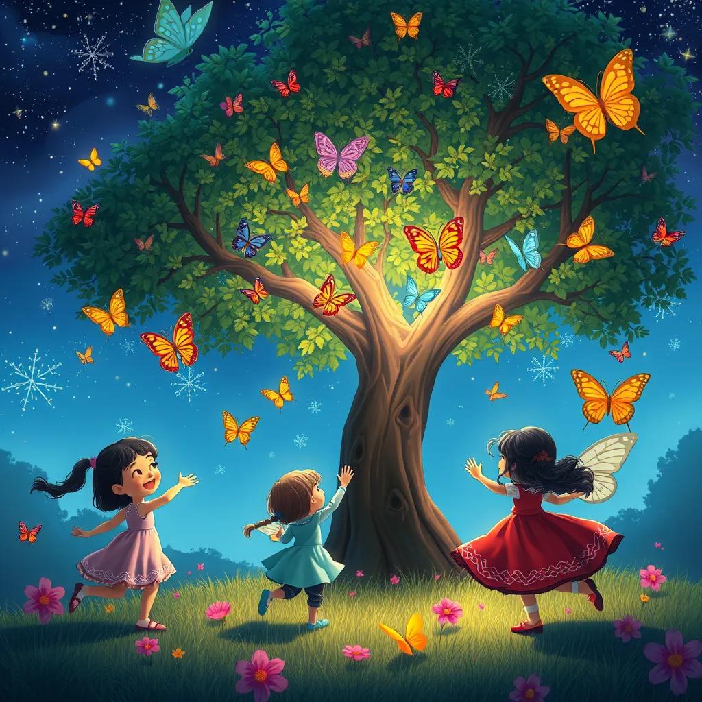 A joyful scene with children and butterflies dancing around the tree during a clear night, stars twinkling, vibrant and lively colors, delightful atmosphere, enchanting art