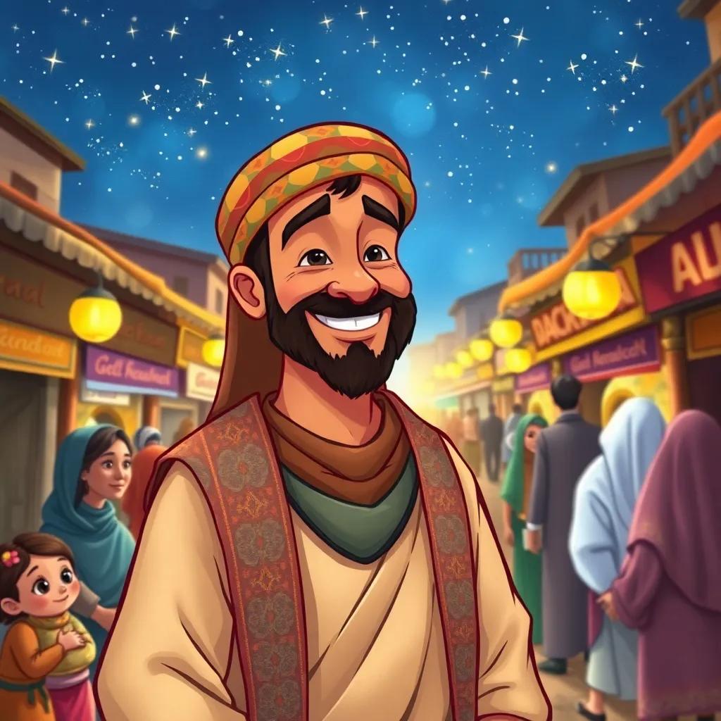 A wealthy Arab merchant, with a warm smile and a colorful jalabiya, standing in a bustling market surrounded by curious townsfolk, night sky with twinkling stars, digital art, detailed, vibrant colors, inviting atmosphere, high quality