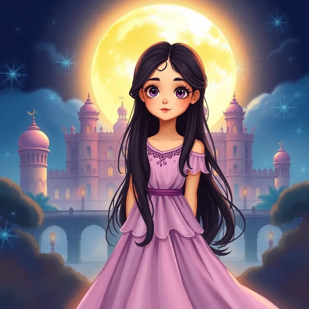 A beautiful young girl, Shahrazad, with long, dark hair and a lovely dress, standing before a grand palace, illuminated by the moonlight, night setting with a mystical aura, digital painting, rich colors, enchanting scene, high quality