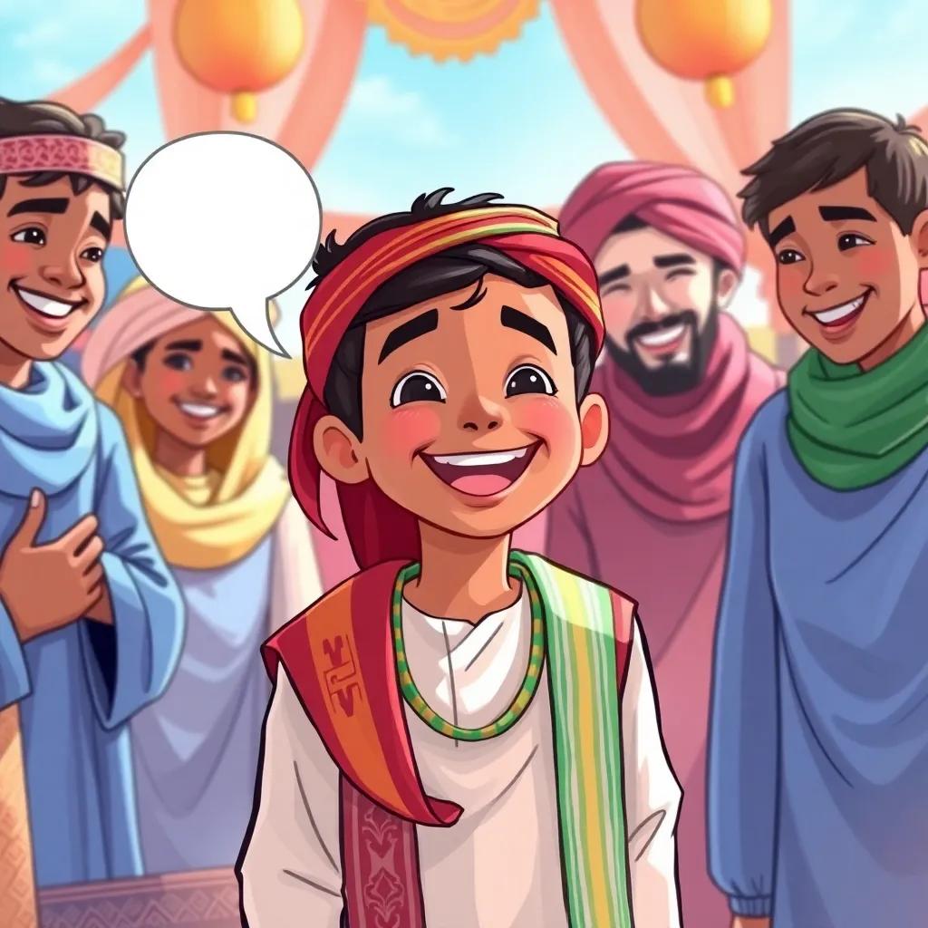 Omar, a 15-year-old Omani boy, joyfully talking about his culture, surrounded by cheerful friends in traditional attire, vibrant and festive atmosphere, engaging scene, colorful digital illustration