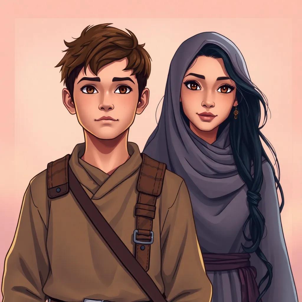 A brave young man, Ali Al-Zeebaq, with short brown hair wearing simple, rugged clothes, standing confidently in front of his mother, Fatima Al-Zahra, who has long black hair and wears a traditional dress, a warm and hopeful atmosphere, digital art, vibrant colors, high quality