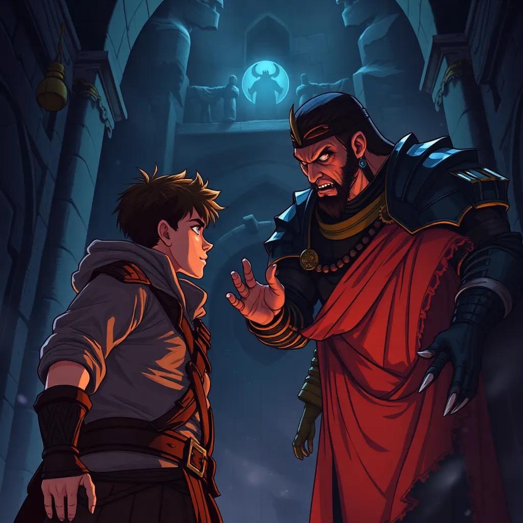 Ali Al-Zeebaq, a brave young man with short brown hair in rugged clothes, confronting a fierce villain, Sanqr Al-Kalbi, a tall man with a menacing appearance in dark armor, inside a castle at night with shadows, intense atmosphere, illustration, dramatic lighting, high quality