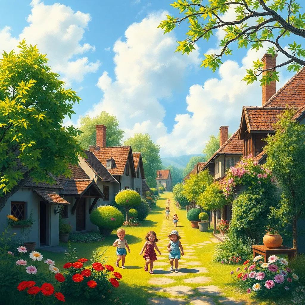 A beautiful small village, with lush green trees and vibrant flowers, children playing joyfully in the background, sunny day, cheerful atmosphere, colorful scenery, high quality