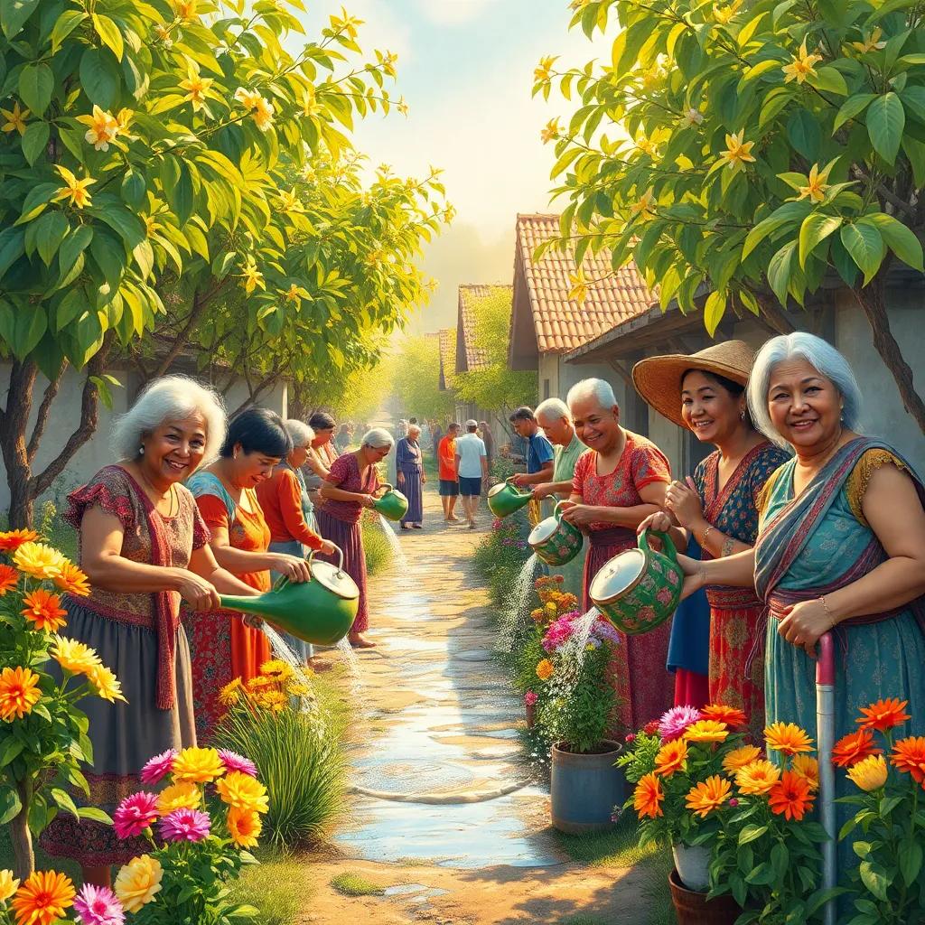 Residents of the village watering trees and flowers, smiling faces, teamwork, colorful clothes, in a clean environment, warm sunlight, vibrant colors, uplifting scene, high quality