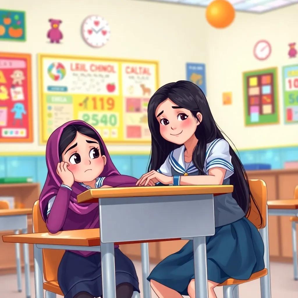 Leila sitting at a school desk looking tired, with her friend Sara beside her. Sara is a young Arab girl with long, dark hair wearing a school uniform, smiling gently at Leila. The background shows a bright classroom with educational posters and colorful decorations, cheerful style, digital illustration, vibrant colors, friendly and supportive atmosphere.