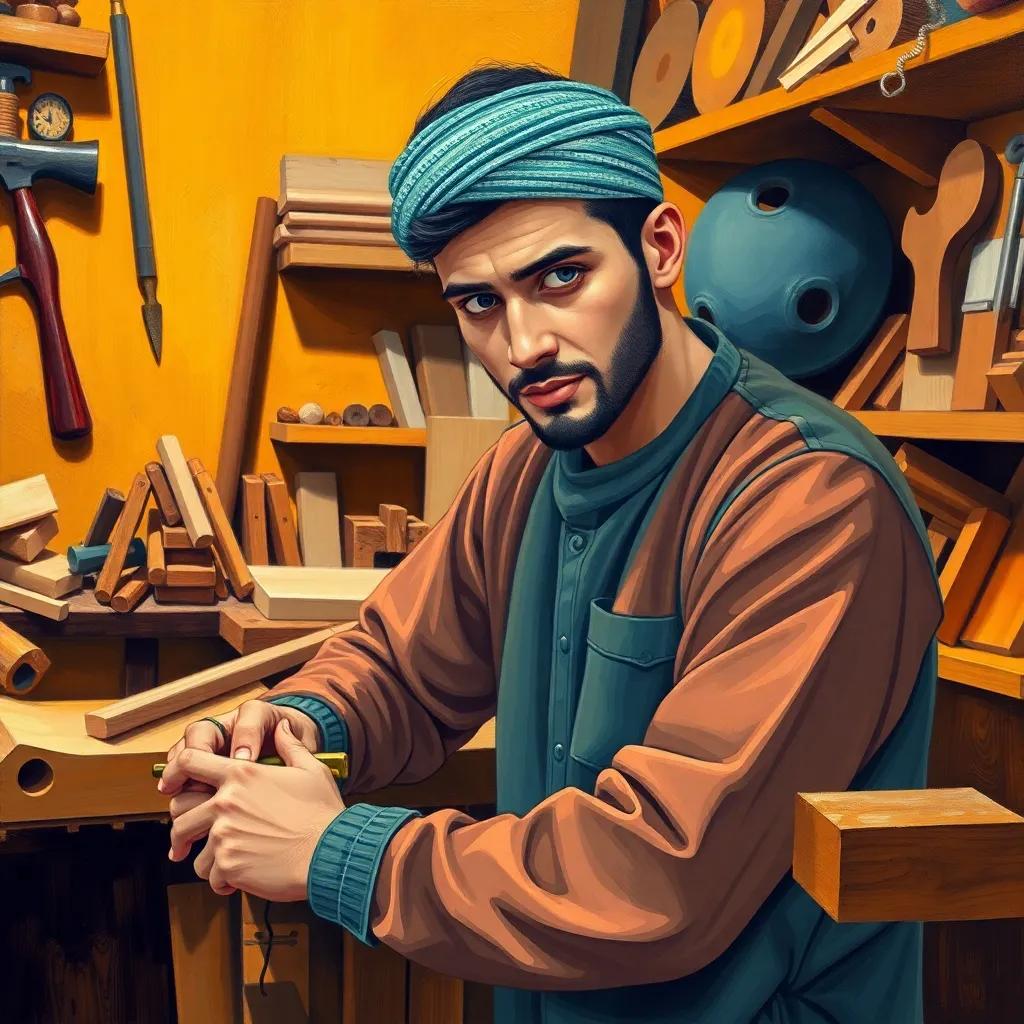 A young Moroccan man, Murad, 26 years old, working in a woodworking shop, surrounded by tools and wooden pieces, focused and determined, realistic illustration, warm colors, bright workshop atmosphere, engaging and inspiring