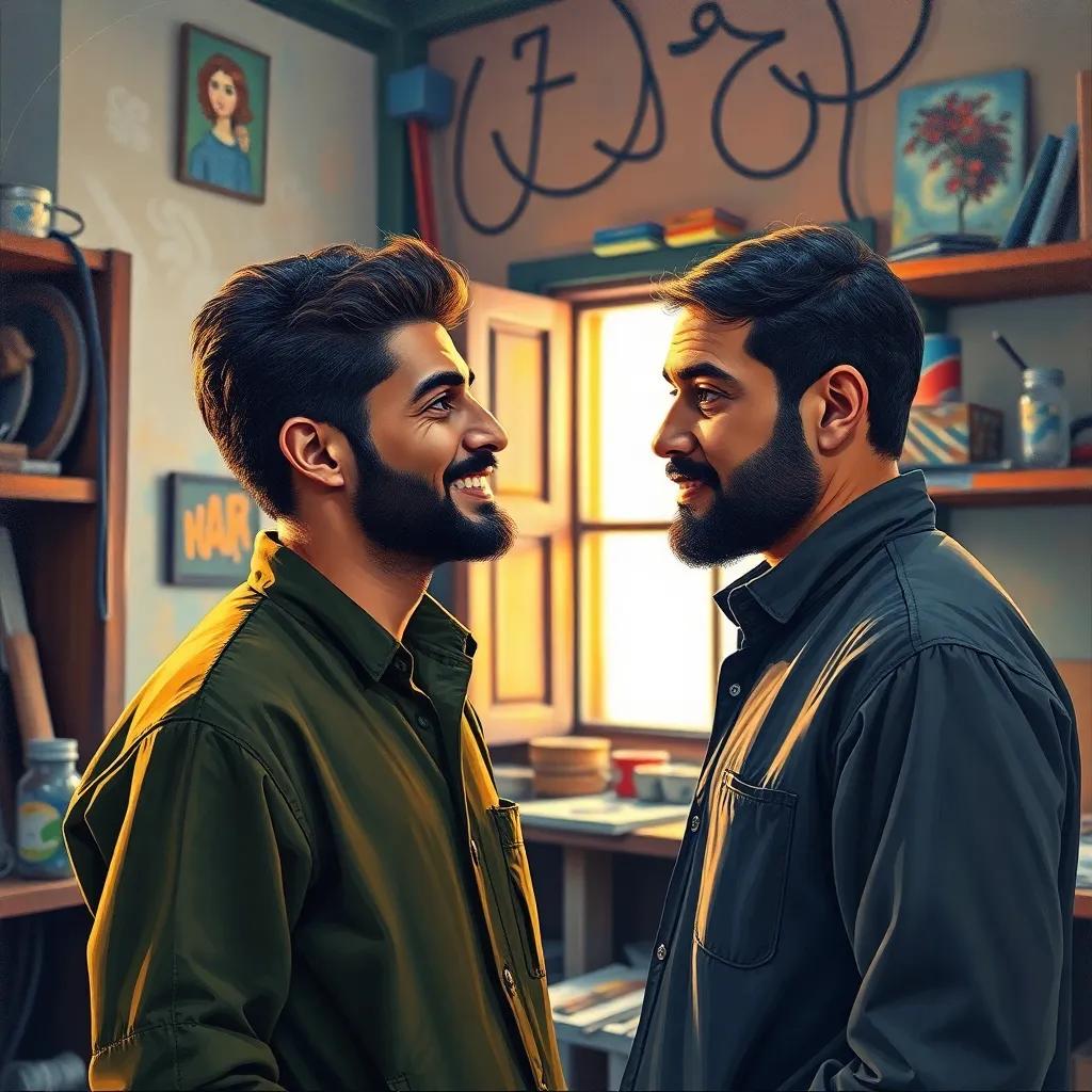 Murad, a 26-year-old Moroccan man, talking to a mysterious stranger in the workshop, hopeful expressions on their faces, light streaming through a window, vibrant and uplifting, storytelling view, motivational mood