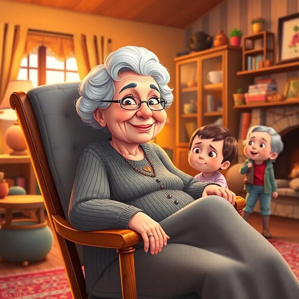 An elderly woman named Hind, 80 years old, sitting on a rocking chair, smiling at her grandchildren with bright eyes, in a cozy living room filled with warmth, illustration, warm colors, inviting atmosphere, detailed