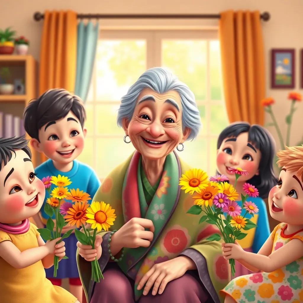 An elderly woman, Hind, aged 80, with gray hair and a colorful shawl, surrounded by her grandchildren who are giving her colorful flower bouquets, colorful living room with a sunny window, cheerful mood, child-friendly, vibrant