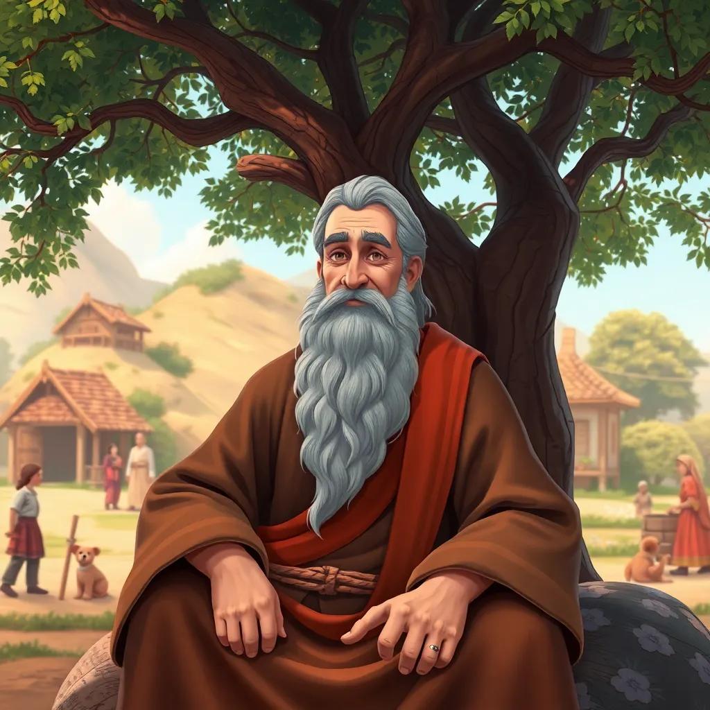A wise man named Adam, with a long gray beard, wearing a traditional robe, sitting under a tree in a small village, surrounded by villagers, digital art, warm colors, friendly atmosphere, high quality