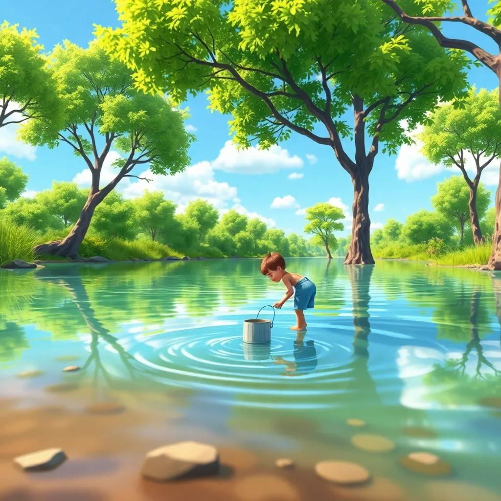 The river with clear water, reflecting the blue sky and green trees, with the young man filling a bucket, peaceful scene, cheerful colors, inviting, high quality