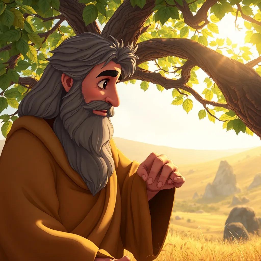 The wise man Adam looking at the young man with kind eyes, under a tree, with leaves fluttering, warm sunlight filtering through, beautiful landscape, heartwarming, detailed art, rich colors