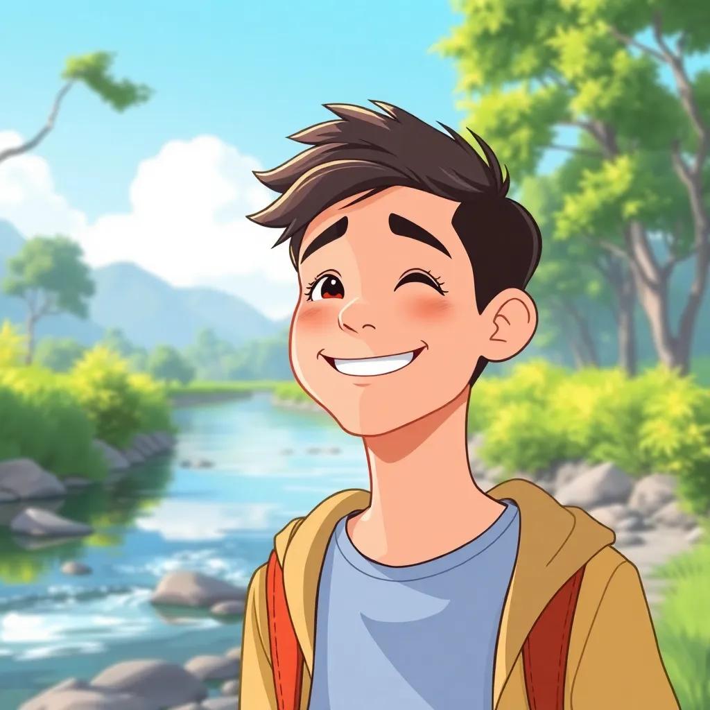 The young man smiling after learning how to stay calm, with the river and trees in the background, uplifting scene, bright colors, encouraging atmosphere, illustrative style