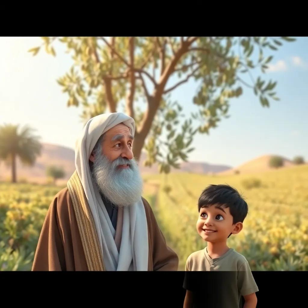 An elderly man, a wise Arab grandfather with a white beard and traditional thawb, standing next to a young boy with short black hair wearing a simple shirt, both smiling and looking at a large olive tree in a sunny agricultural field, digital art, warm colors, bright atmosphere, cheerful mood, high quality