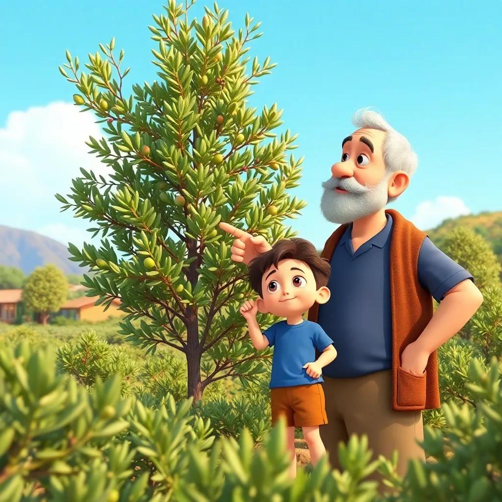 The young boy, looking curious, standing next to his grandfather, with the grandfather pointing at the olive tree, listening attentively, surrounded by green plants and a clear blue sky, illustration, vibrant, engaging, child-friendly