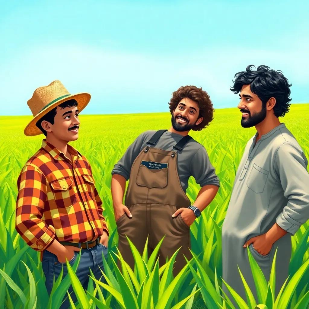 Three farmers in a green field, one farmer named Salem with short black hair wearing a straw hat and plaid shirt, another farmer named Marwan with curly hair wearing overalls, and the third farmer named Imran with wavy hair wearing a simple tunic, discussing with animated expressions under a bright blue sky, digital art, vibrant colors, warm light, cheerful atmosphere, high quality