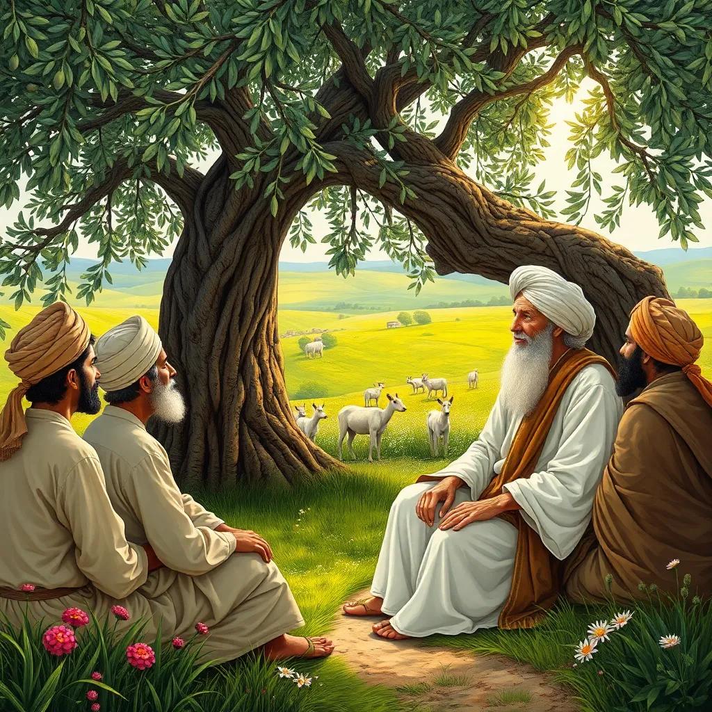Wise old man sitting under an ancient olive tree, listening attentively to the three farmers, with a calm smile, wearing a long white robe and a turban, surrounded by green pastures and flowers, detailed illustration, soft light, nature's beauty, heartwarming scene, high quality