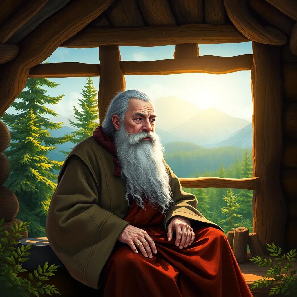An old wise man, with a long grey beard and traditional robes, sitting in a cozy cabin on top of a mountain, surrounded by lush green trees. Light shining through the window, warm and inviting atmosphere, high quality digital art