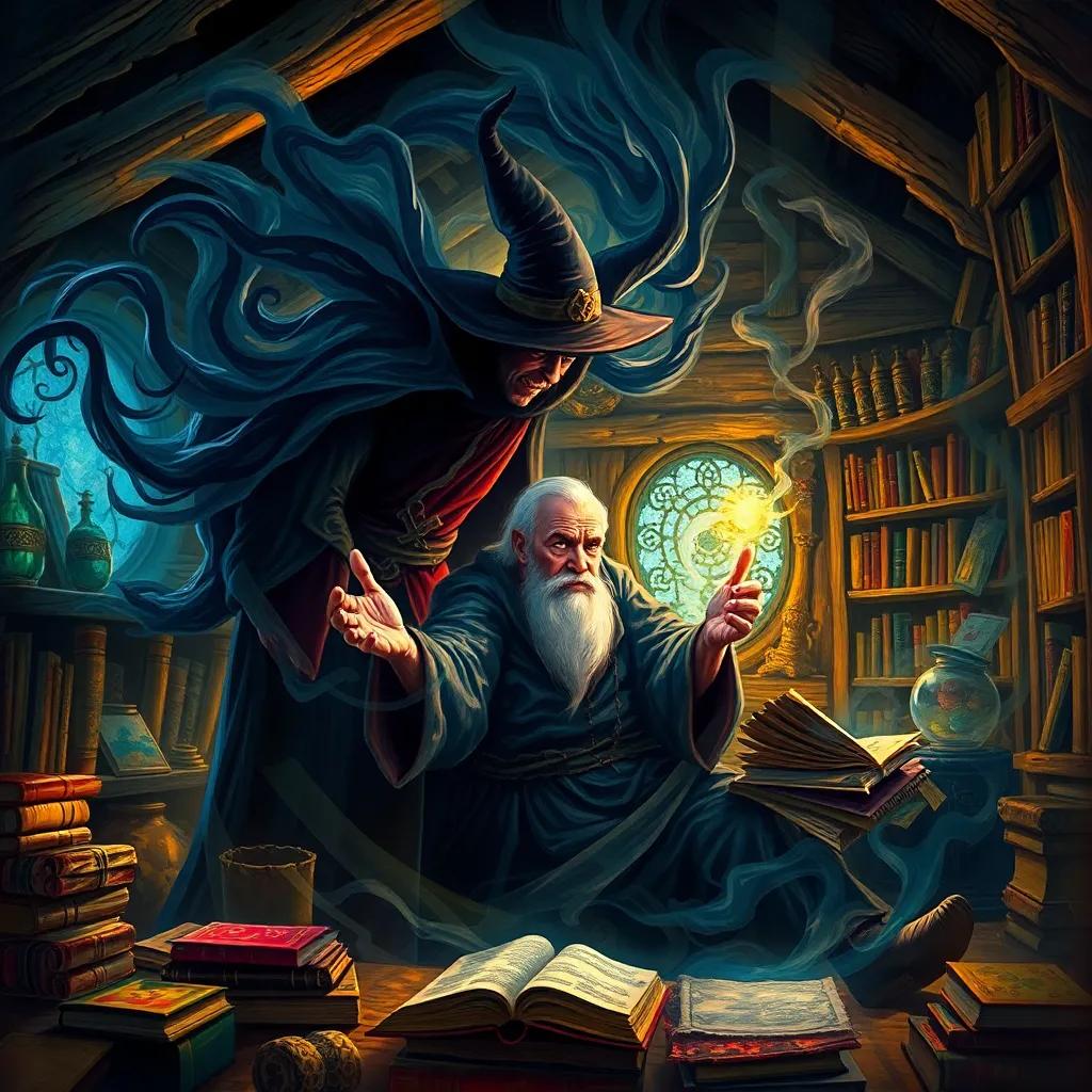 A dark sorcerer with swirling shadows around him, attempting to steal wisdom from the old man, inside the cabin filled with books and magical items, dramatic lighting, vivid colors, high quality digital art.