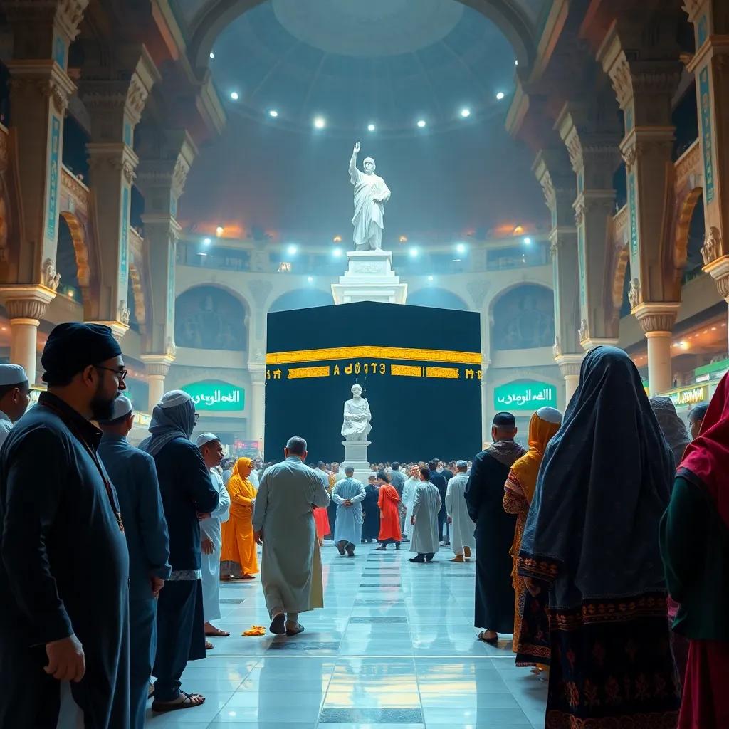 A busy scene in Mecca after a flood, men and women discussing the rebuilding of the Kaaba, concern on their faces, colorful traditional clothes, community spirit, bright atmosphere, lively setting