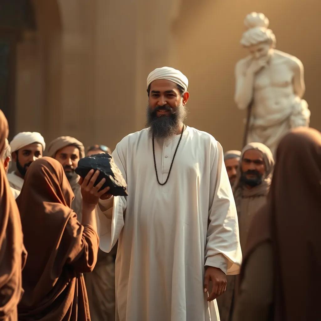 Prophet Muhammad ﷺ standing with a calm expression, asking the people to hold the black stone, wearing a simple white robe, surrounded by tribal leaders, warm light, hopeful atmosphere, community gathering