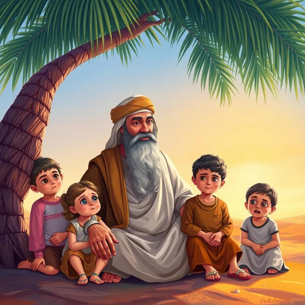 A wise Arab man, with a long beard and traditional clothing, sitting under a palm tree, surrounded by his children who look worried, bright desert day, cheerful family, detailed illustration, soft lighting, warm colors, inviting atmosphere, high quality
