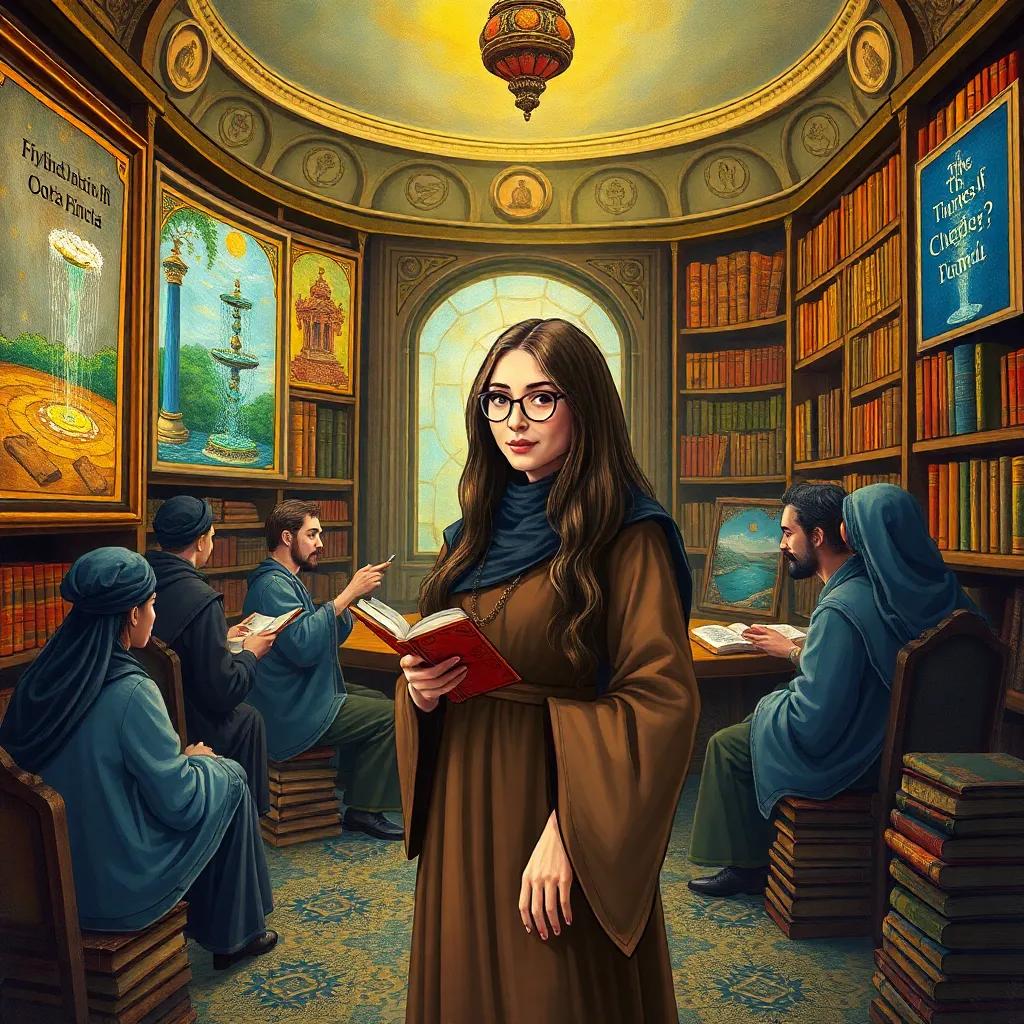 An enchanting library room in the House of Wisdom with ancient books and scholars discussing, featuring Fatima, a wise librarian with long hair, wearing traditional dress and glasses, surrounded by colorful illustrations of fountains and poetry on the walls, warm light, inviting atmosphere, illustration, detailed, magical