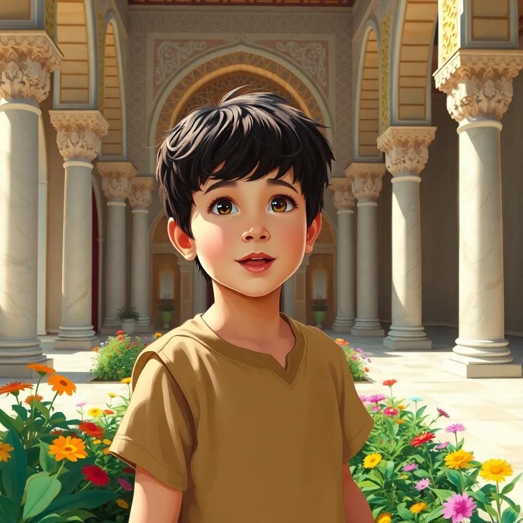 A young boy, Ali, with dark hair, wearing a simple tunic, exploring the Alhambra Palace with a curious expression, surrounded by intricate marble architecture, colorful flowers, bright sunlight, cheerful atmosphere, high-quality digital art
