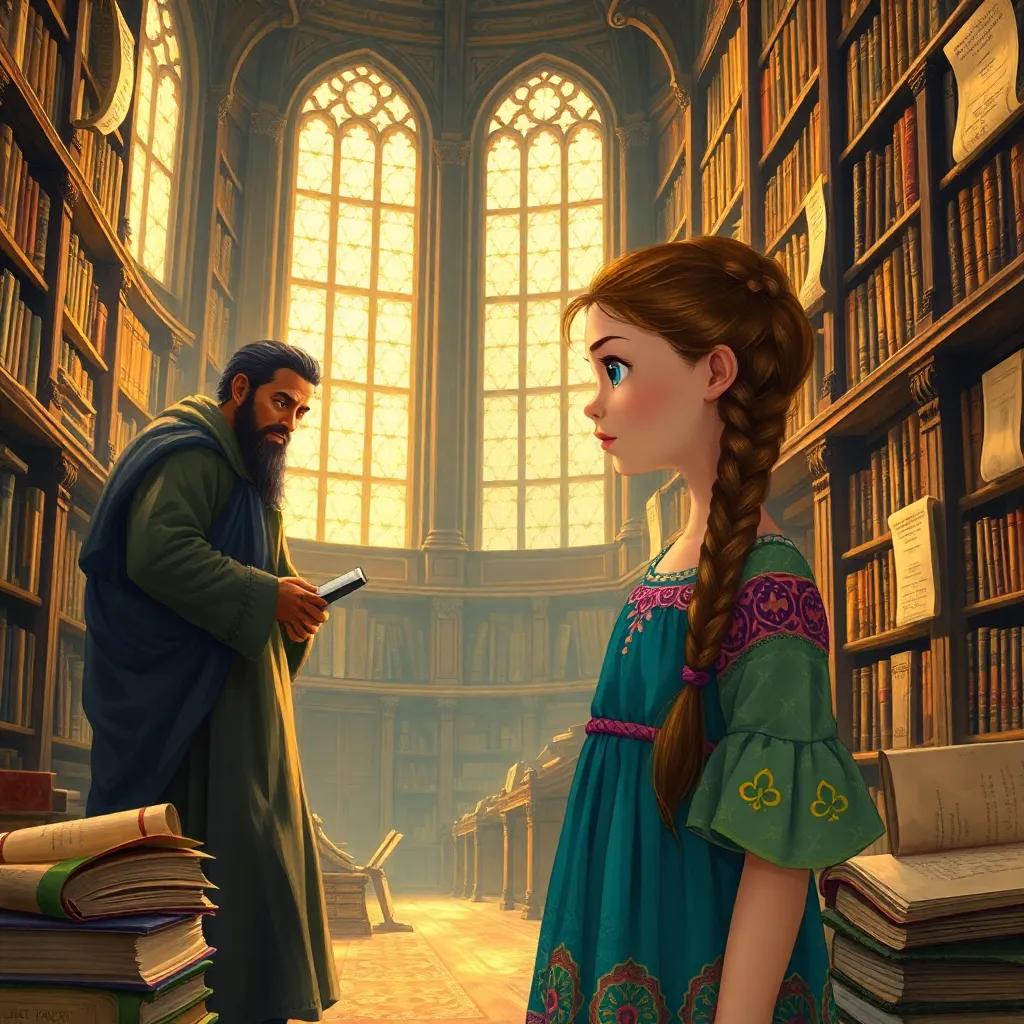 A young girl, Abrar, with braided hair, wearing a colorful dress, listening intently to a librarian in a grand library filled with ancient books and scrolls, warm light pouring in from tall windows, inviting and magical environment, high-quality illustration