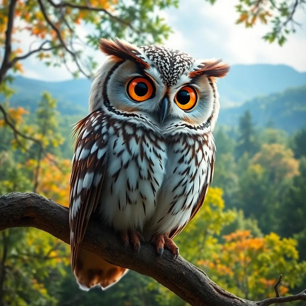 A wise owl named Hakimah, with large golden eyes and white-gray feathers, perched on a high tree branch in a beautiful forest, digital art, vibrant colors, serene atmosphere, high quality