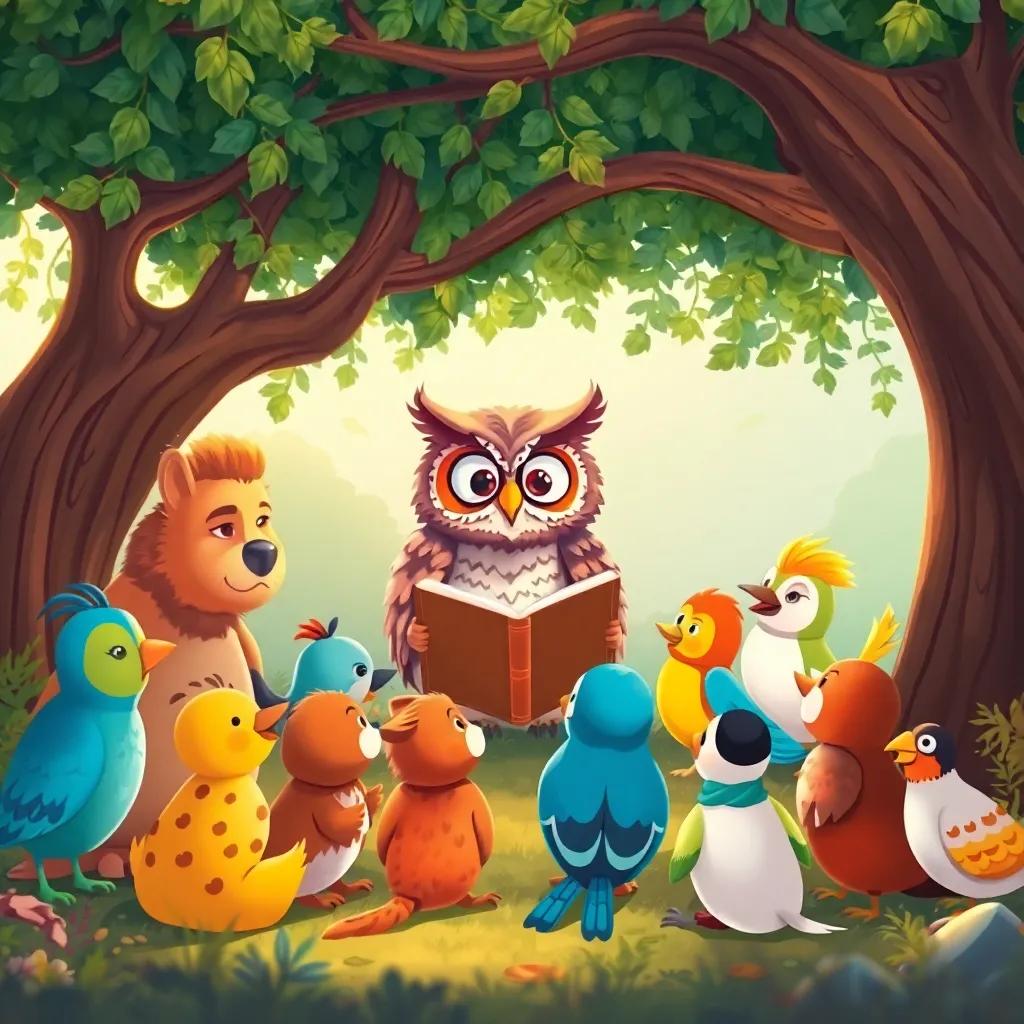 Animals and birds gathering around Hakimah the owl, listening to her stories under the shade of the tree, illustration, cheerful, warm light, community feel, child-friendly