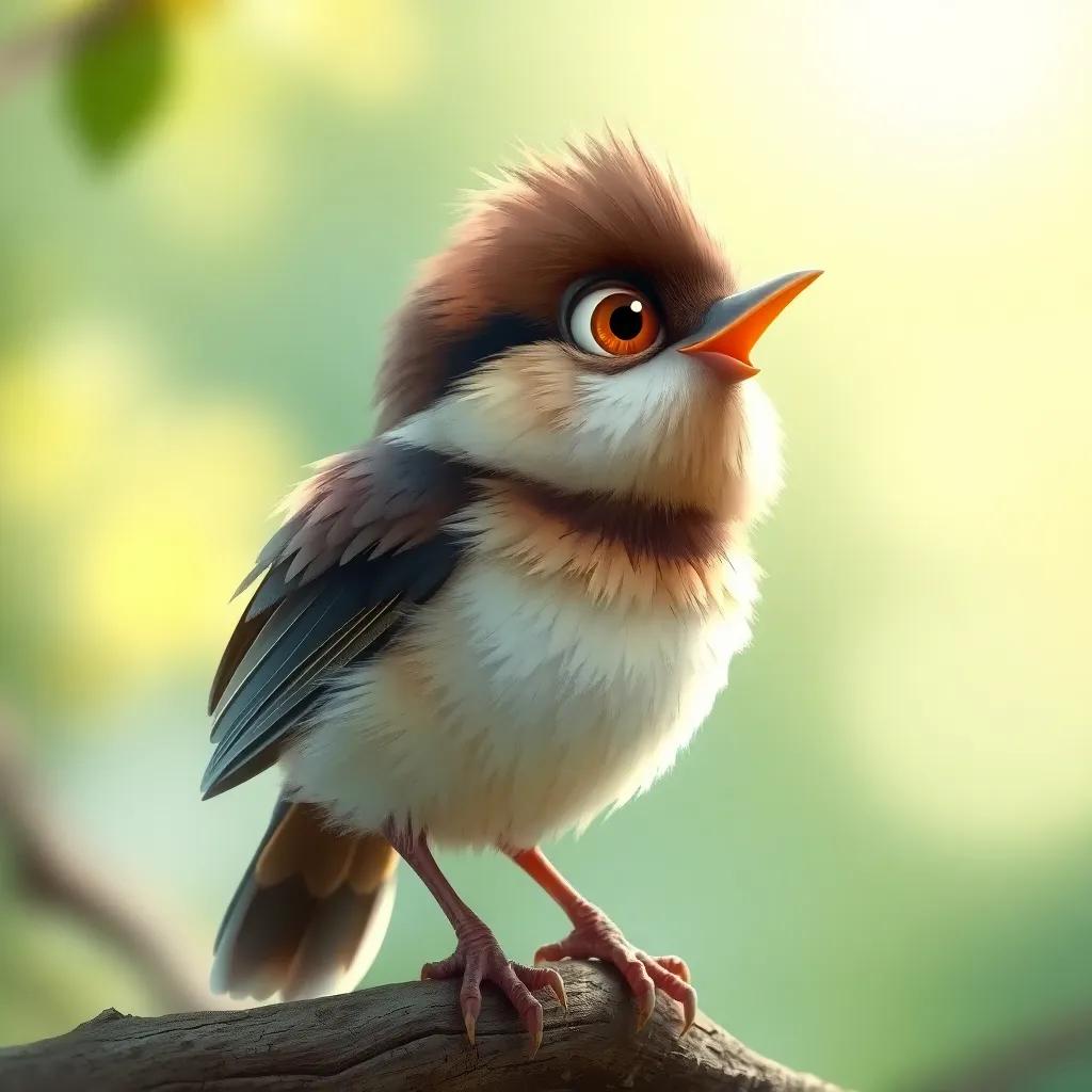 A shy little bird named Toto, looking curious and excited, with fluffy feathers, standing on a branch and looking up at Hakimah, illustration, supportive, gentle lighting, encouraging environment, high quality