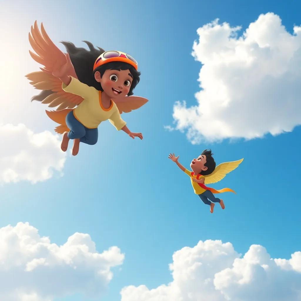 Hakimah teaching Toto how to fly on a sunny day, with soft clouds in a blue sky, showing him step by step, illustration, uplifting, bright colors, high quality