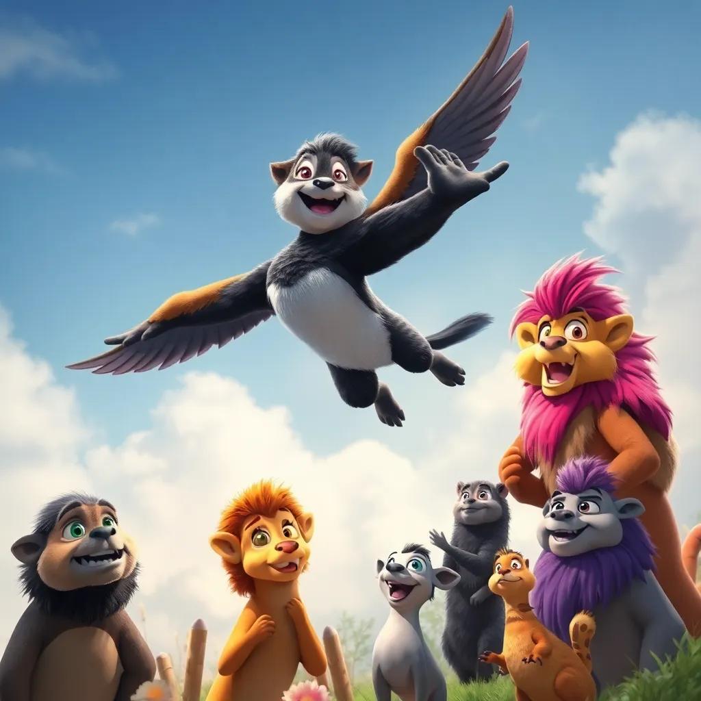 Toto practicing flying, flapping his wings with determination, with Hakimah watching proudly, along with other animals cheering him on from below, digital art, vibrant, hopeful mood, high quality