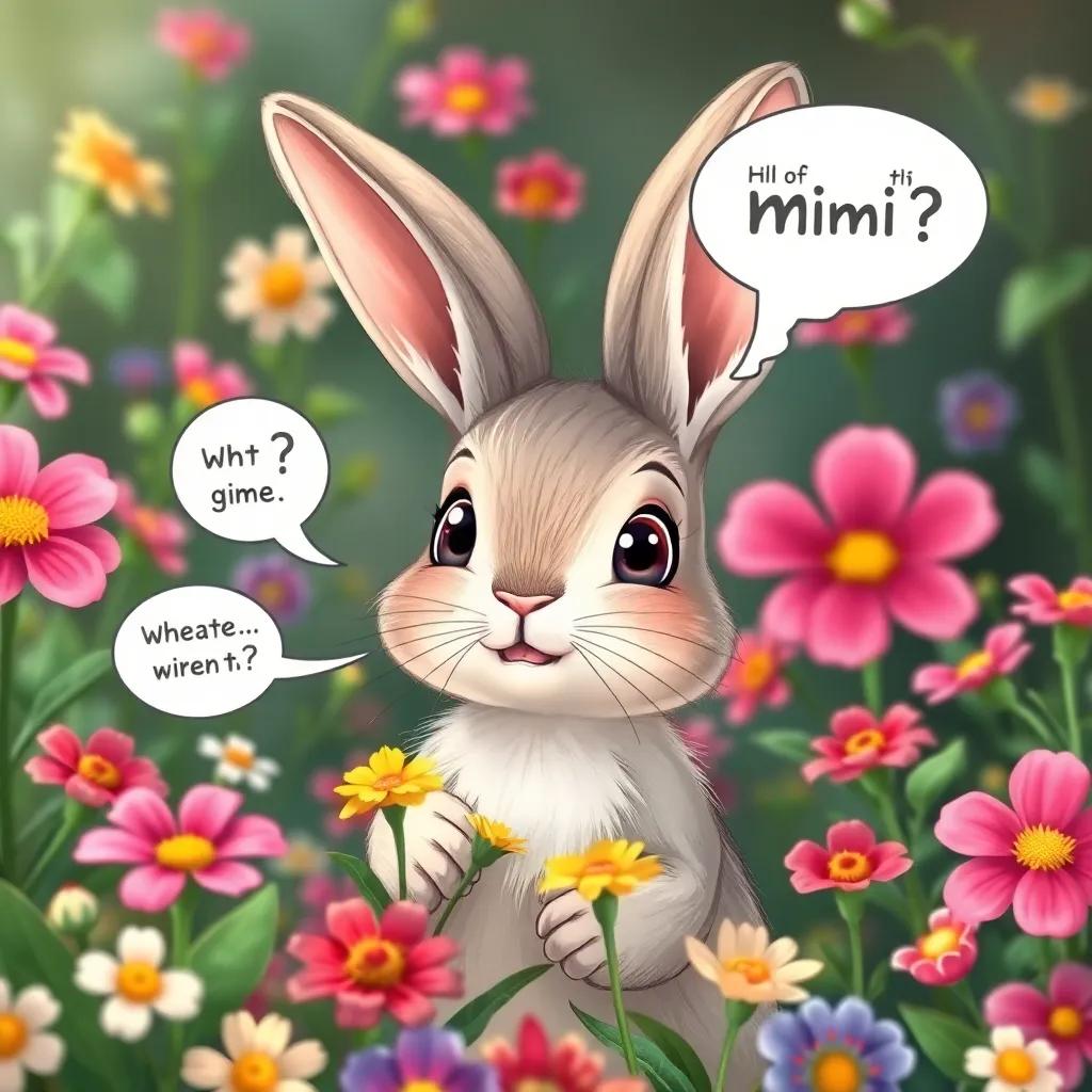 A rabbit named Mimi asking questions about plants, looking curious and eager, with bright eyes, surrounded by blooming flowers, illustration, colorful, educational atmosphere, child-friendly