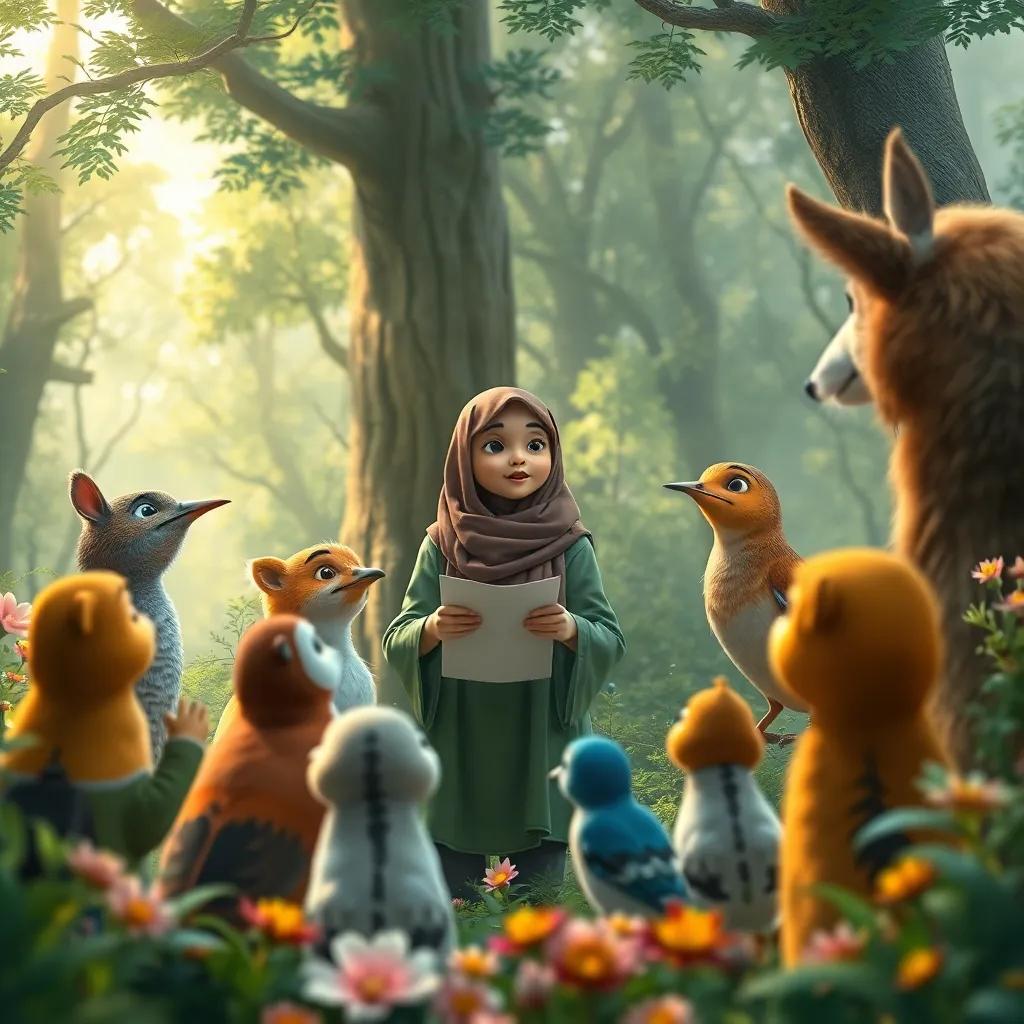 Hakimah giving an engaging lecture to a group of animals and birds in the forest, with a backdrop of trees and flowers, everyone listening attentively, digital painting, lively, collaborative spirit, high quality