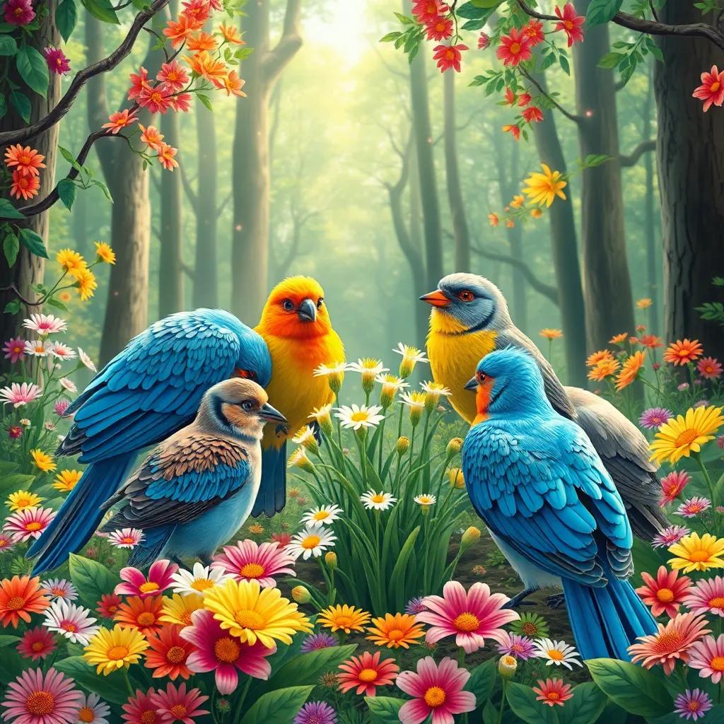 Animals and birds collaborating together to plant flowers in the forest, colorful blooms all around, showing teamwork and joy, illustration, bright, harmonious environment, high quality