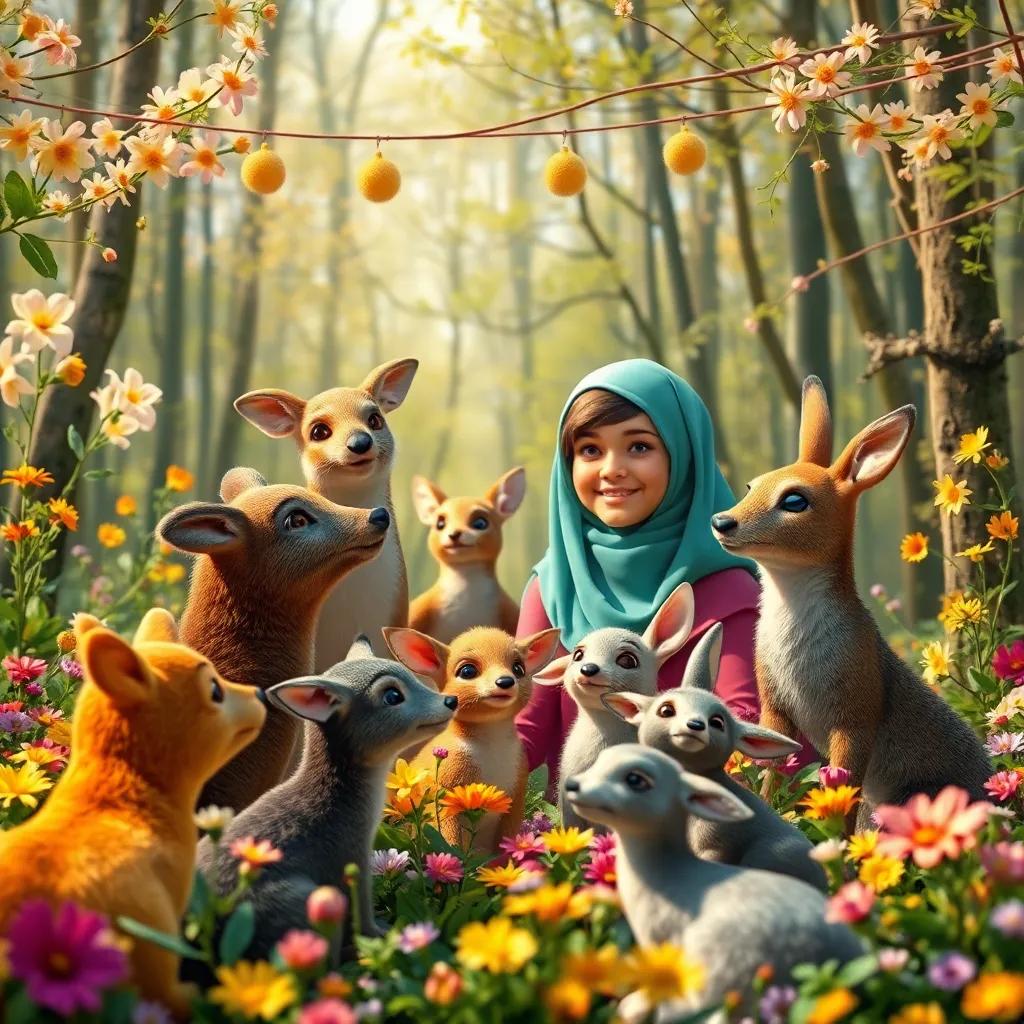 A joyful spring celebration in the forest, with flowers everywhere and animals gathered around Hakimah, who smiles warmly at them, digital art, festive atmosphere, colorful, uplifting