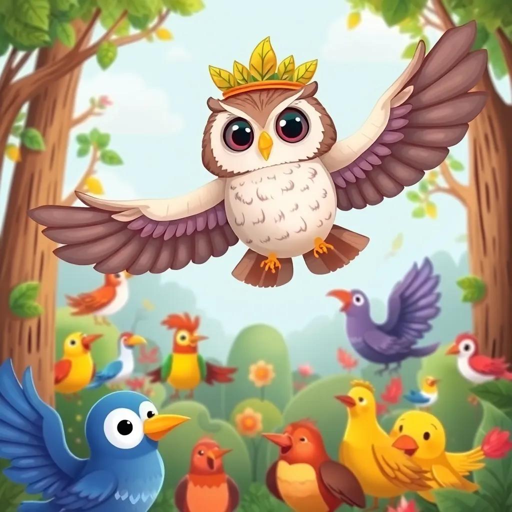 Hakimah, a wise owl, wearing a small crown made of leaves, flying over a happy forest filled with colorful animals and birds who are eager to learn, illustration, cheerful, vibrant colors, high quality