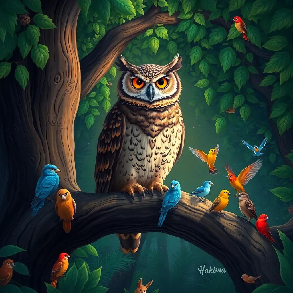 A wise owl named Hakima sitting on a large tree branch in a lush green forest, surrounded by colorful birds and animals gathering around her, gentle night light, serene atmosphere, detailed digital art, vibrant colors, whimsical feel, high quality