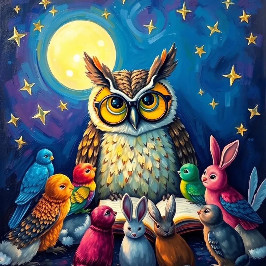 Hakima the owl, looking wise with large glasses, telling a story to colorful birds and rabbits, they are all eagerly listening, surrounded by twinkling stars and soft moonlight, illustration, enchanting, lively colors, warm and welcoming