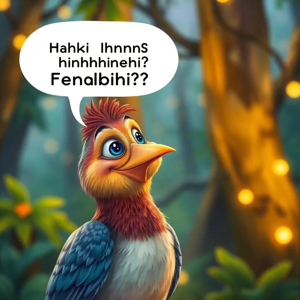 A cheerful bird questioning Hakima about friendship, with a curious expression on its face, an animated forest background, glowing lights, storybook style, high quality, child-friendly