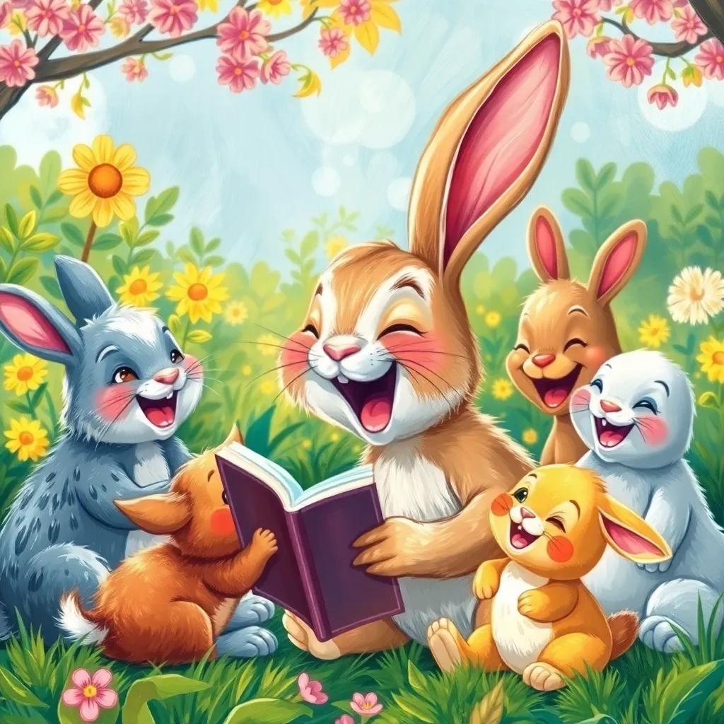 A playful rabbit laughing at Hakima's story about helping friends, with other animals around giggling, bright nature setting, joyful atmosphere, colorful illustration, high quality