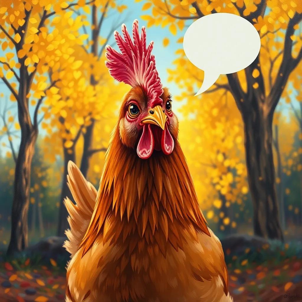 A hen, looking a bit shy but asking Hakima about love, with a thoughtful expression, surrounded by trees illuminated by golden light, charming style, child-friendly, high quality