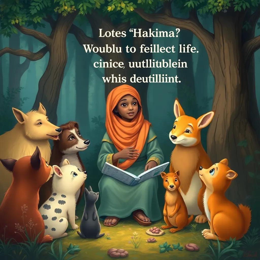 Hakima warmly explaining the importance of learning from failures, with various animals listening intently, a cozy forest setting, soft colors, storybook vibe, beautiful digital art, high quality