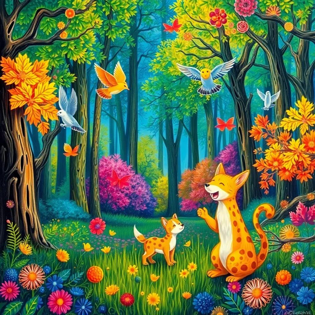 The forest bursting with colors as the animals play and fly around after the story, with smiles and laughter, beautiful nature scene, vibrant and happy atmosphere, illustration, high quality